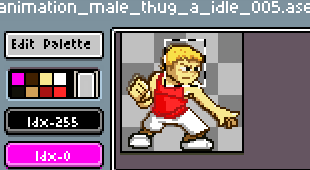 a screen grab of an animation of a thug idle sprite cycle that was being done in aseprite for the upcoming game Super Hematoma by Sprixelsoft